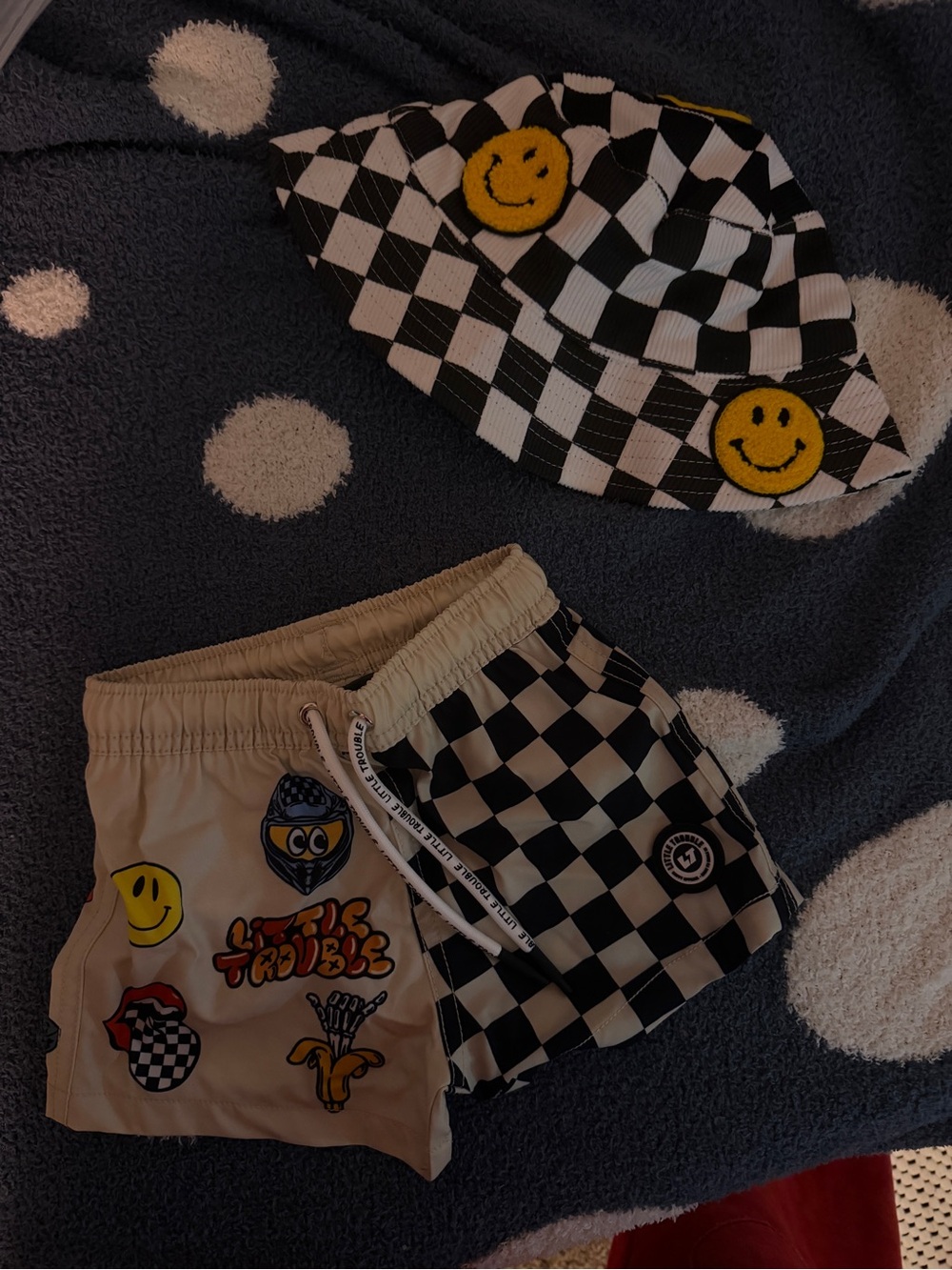 Little TroubleBoys 18-24 months Checkerboard Patch Swim Trunks and matching hat